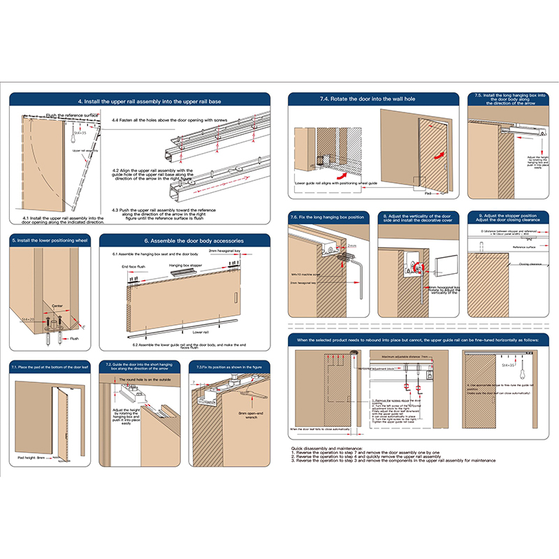How is the cushioning adjustment mechanism of a stainless steel track two-way cushioned pocket door (wooden door) designed and operated?